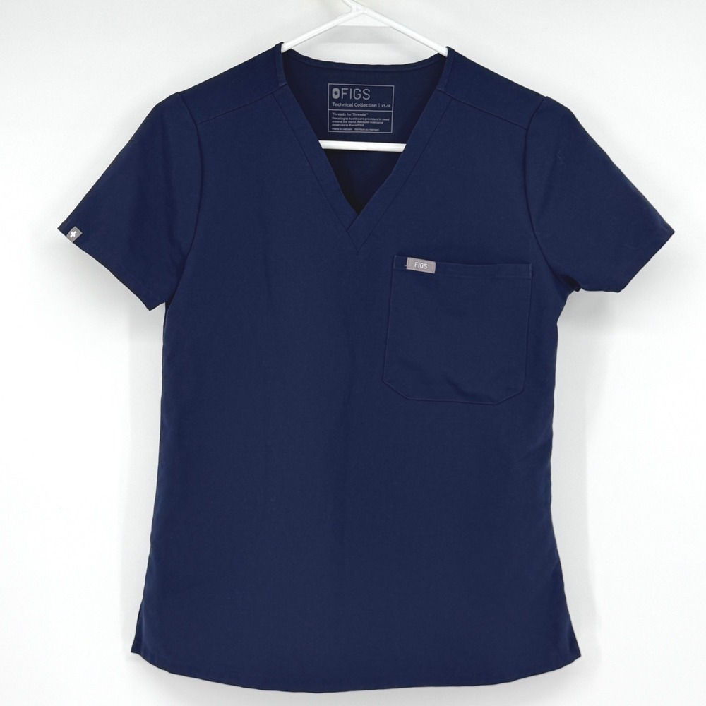 FIGS Technical Collection XS/P Navy Blue V-Neck One Pocket Scrub Top Medical